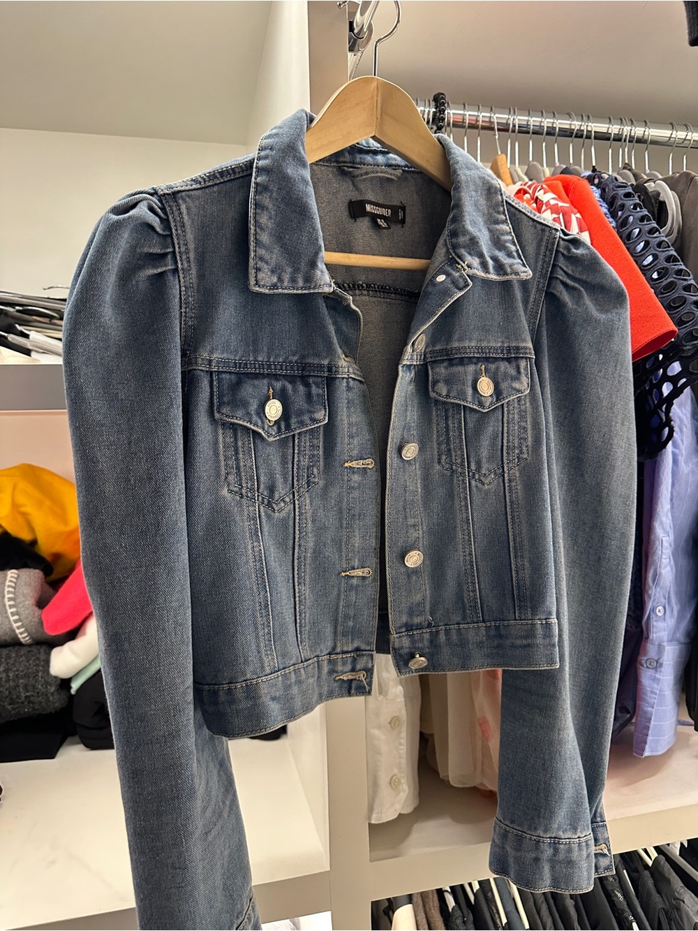 Missguided + Washed Blue Denim Puff-Sleeve Jacket